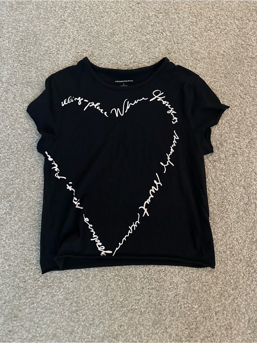 Anthropologie Black Tee with White Script Heart